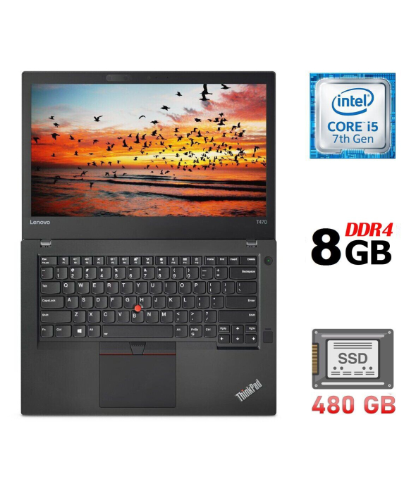 Ультрабук Б-класс Lenovo ThinkPad T470 / 14&quot; (1366x768) TN / Intel Core i5-7300U (2 (4) ядра по 2.6 - 3.5 GHz) / 8 GB DDR4 / 480 GB SSD / Intel HD Graphics 520 / WebCam / Fingerprint / USB 3.1 / HDMI - 1