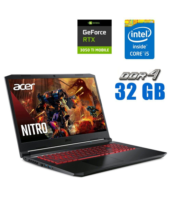 Ігровий ноутбук Acer Nitro 5 AN517-54-50v7 / 17.3&quot; (1920x1080) IPS / Intel Core i5 - 11400h (6 (12) ядер по 2.7-4.5 GHz) / 32 GB DDR4 / 480 GB SSD / nVidia GeForce RTX 3050 Ti, 4 GB GDDR6, 128-bit / WebCam - 1
