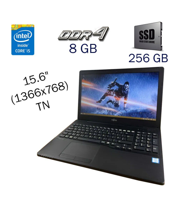 Ноутбук Б класс Fujitsu LifeBook A556 / 15.6&quot; (1366x768) TN / Intel Core i5-6200U (2 (4) ядра по 2.3 - 2.8 GHz) / 8 GB DDR4 / 256 GB SSD / Intel HD Graphics 520 / WebCam / Fingerrnint / Windows 10 PRO Lic - 1